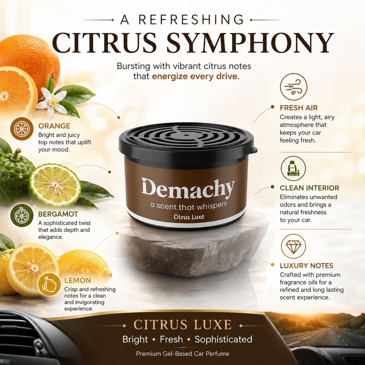 Demachy car gel perfume in Indian car dashboard